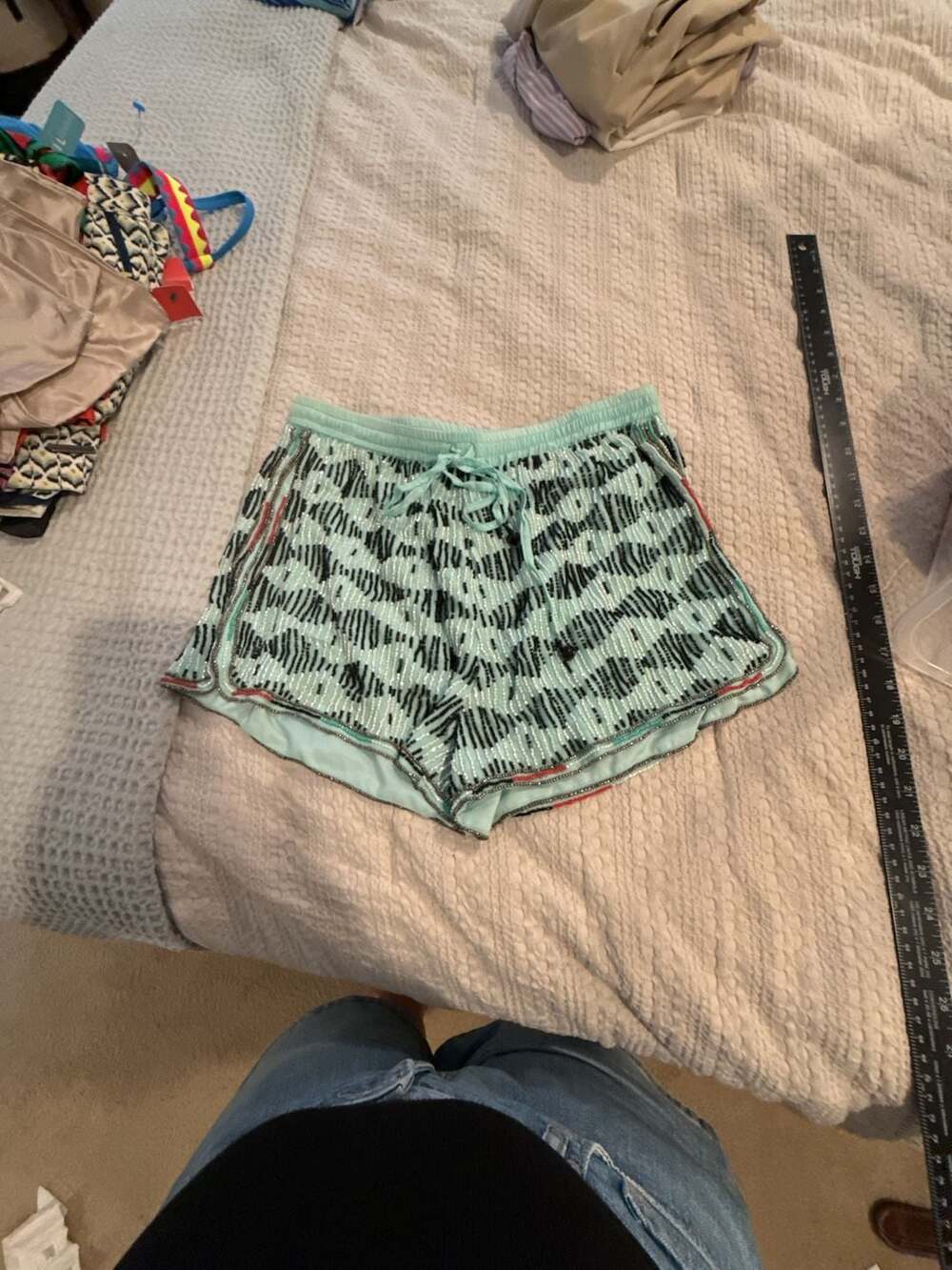 Karina Grimaldi Beaded Drawstring Shorts in Mint Geometric Pattern